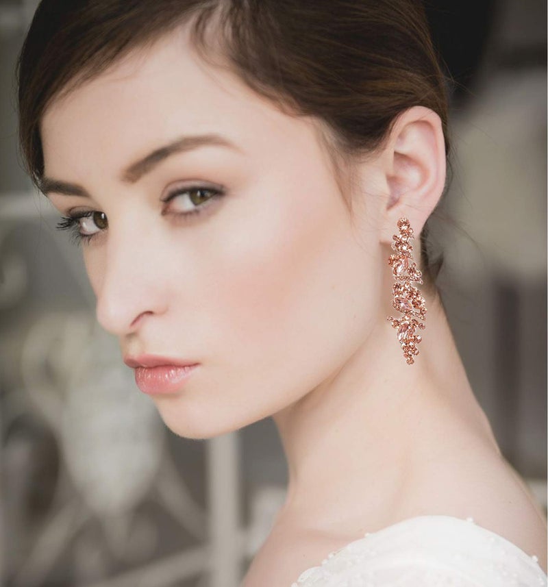 NLCAC Crystal Rose Gold Chandelier Earring Leaf Pendant Peach Earrings Dangle for Women - Image 5